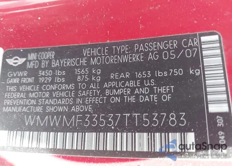 2007 Mini Cooper from USA, damaged, VIN WMWMF33537TT53783